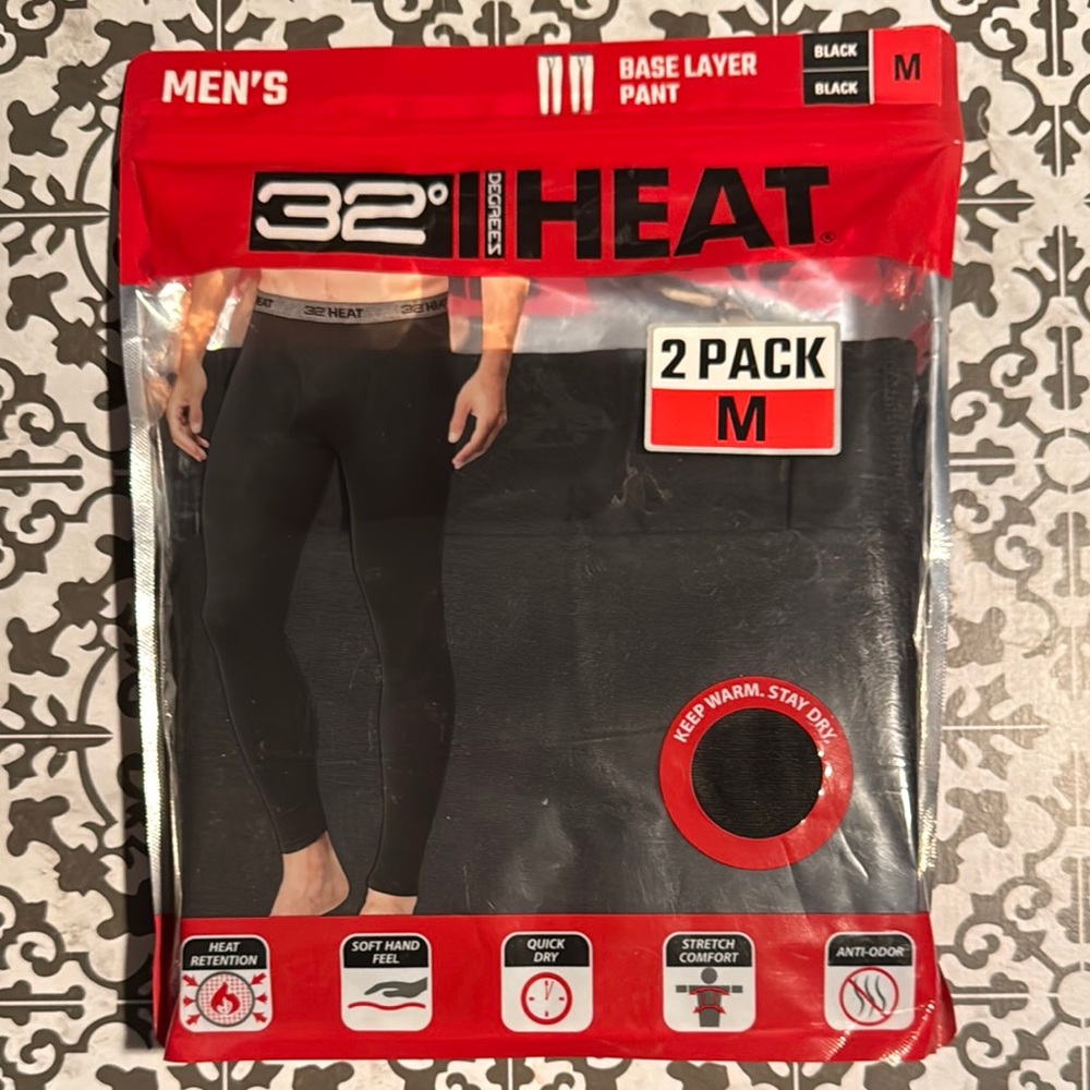 BNIB 32 Degrees Men's Black Thermal Base Layer Pants 2-Pack: Black